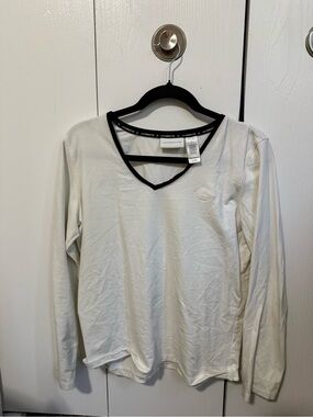 White Long Sleeve V-Neck Top with Black Trim